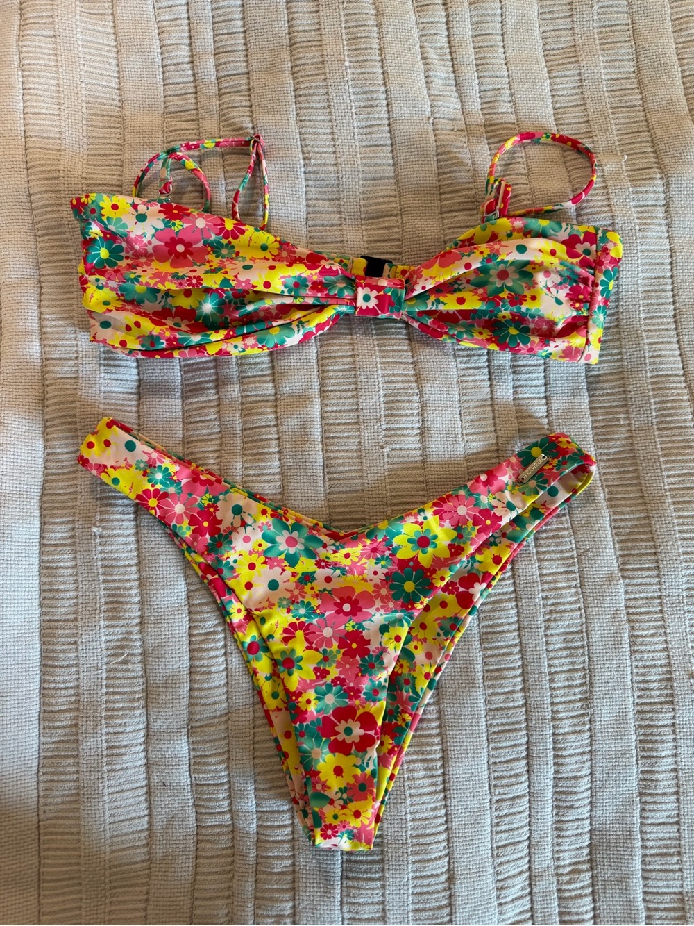 Bright Yellow Floral Bandeau Bikini Set with Removable Straps
